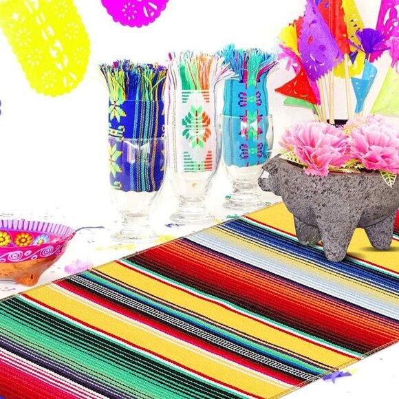 Mexican handwoven cotton table runner 14x84in - Picture 5 of 6